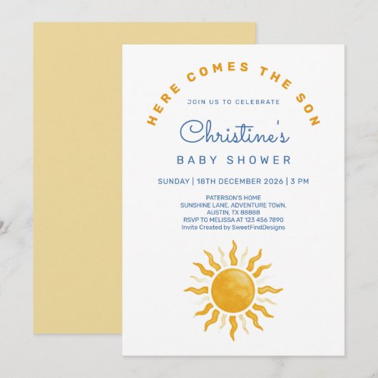 Here comes the son Sunshine Baby Boy Shower 招待状 (正面/裏面)