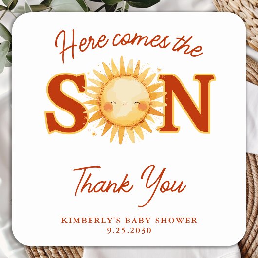 Here Comes The Son Sunshine Boho Cute Baby Shower スクエアシール