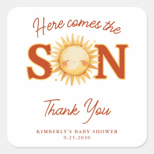 Here Comes The Son Sunshine Boho Cute Baby Shower スクエアシール (正面)