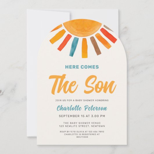 Here Comes the Son Sunshine Boy Baby Shower 招待状 (正面)