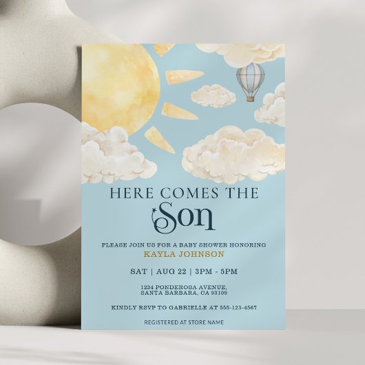 Here Comes the Son Watercolor Sun Cloud Whimsical  招待状