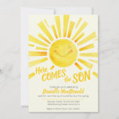Here comes the son yellow sun photo baby shower 招待状 (正面)