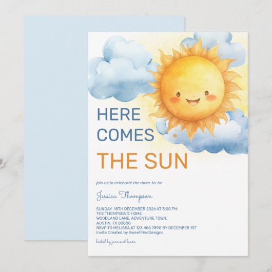 Here comes the Sun Baby Boy Shower 招待状 (正面/裏面)