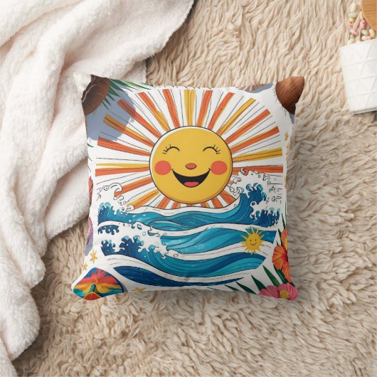 Here Comes the Sun – Boho Beach Vibes Throw Pillow クッション (ブランケット)