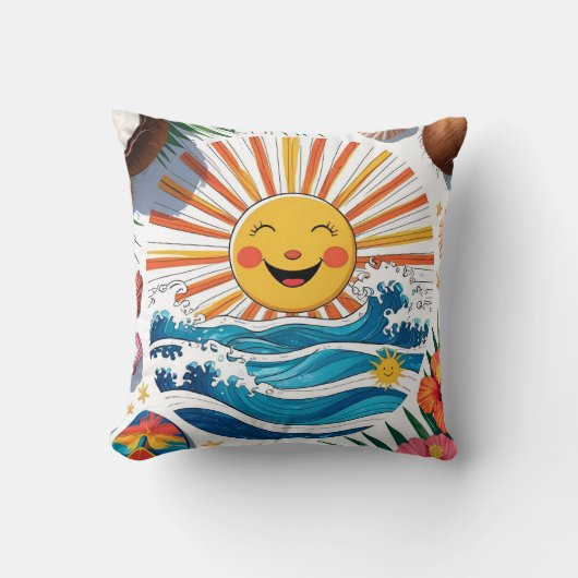 Here Comes the Sun – Boho Beach Vibes Throw Pillow クッション (正面)