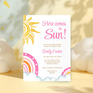 Here Comes the Sun Boho Rainbow Baby Shower 招待状