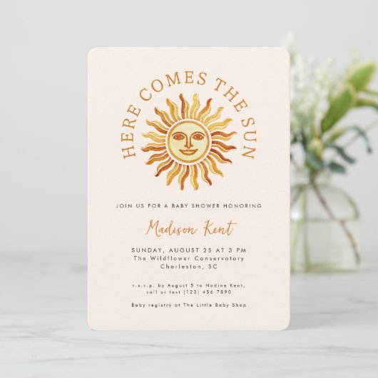 Here Comes the Sun Modern Boho Sun Baby Shower 招待状 (スタンド正面)