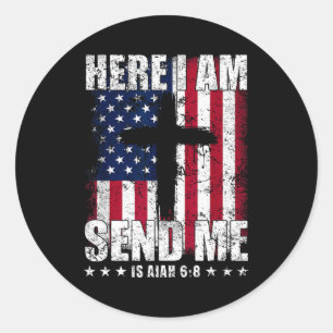 Here I Am Send Me アメリカ国旗 十字架 イザヤ書 6:8 B ラウンドシール