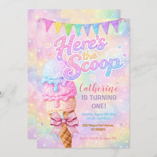 Here’s the Scoop Pastel Rainbow Glitter Birthday 招待状 (正面/裏面)