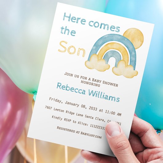 Here Son 来 Sunshine Blue Rainbow Baby Shower 招待状