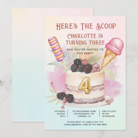 Here's The Scoop 4th Birthday Ice Cream Party 招待状 (正面/裏面)