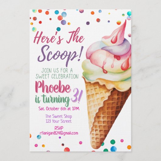 Here's The Scoop Ice Cream Birthday Invitation 招待状 (正面)