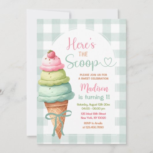 Here's The Scoop Ice Cream Bow 1st Birthday 招待状 (正面)