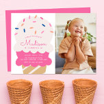 Here's The Scoop Ice Cream Photo Birthday Party 招待状<br><div class="desc">Serve up some fun with these cute ice cream birthday party invites! The invites feature an illustration of a double-scoop ice cream cone with colorful pink, blue, and orange sprinkles. Personalize the ice cream kids birthday invitations with the birthday girl's name and age in pink lettering. Add the rest of...</div>