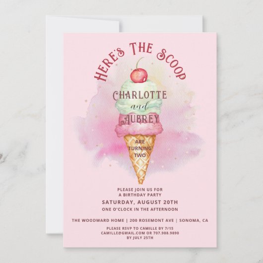 Here's The Scoop Twins 2nd Birthday Party Pink  招待状 (正面)