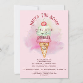 Here's The Scoop Twins 2nd Birthday Party Pink  招待状
