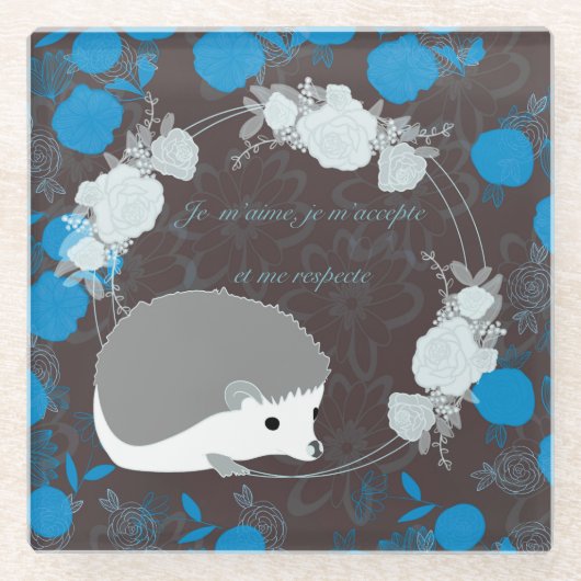 hérisson, fleur de vie, bleu, mandala,zen,chakra ガラスコースター (正面)