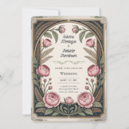 Heritage Art Nouveau Floral Wedding Black Gold 招待状