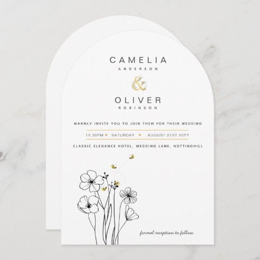 Heritage Bee Modern Botanical Wedding 招待状 (正面/裏面)