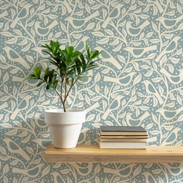 Heritage Birds and Branches Duck Egg Blue 壁紙 (Birds and branches heritage revival arts and crafts movement inspired duck egg blue green wallpaper)