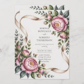 Heritage Blush Peony & Ribbon Botanical Wedding 招待状 (正面/裏面)
