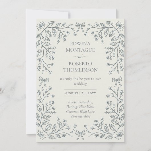 Heritage Botanical Bows Frame Elegant Wedding 招待状 (正面)
