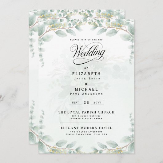 Heritage Eucalyptus Leaves Botanical RSVP Wedding 招待状 (正面/裏面)