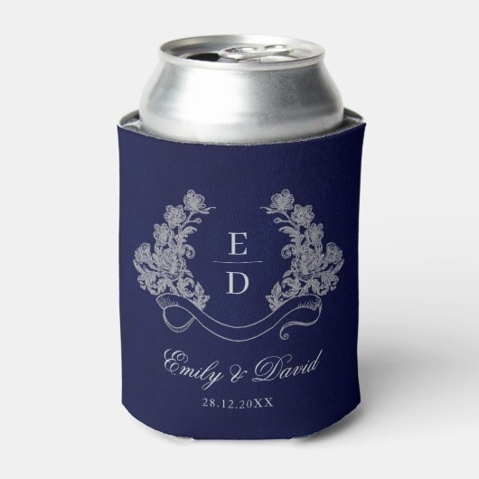 Heritage Floral Crest Navy Monogram Wedding 缶クーラー (缶正面)