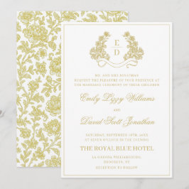 Heritage Gold and White Monogram Wedding 招待状