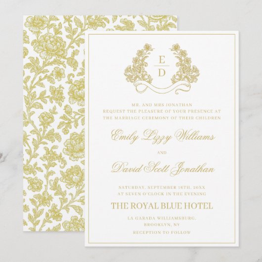 Heritage Gold and White Monogram Wedding 招待状 (正面/裏面)