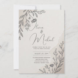 Heritage Minimal Floral Line Art Modern Wedding 招待状