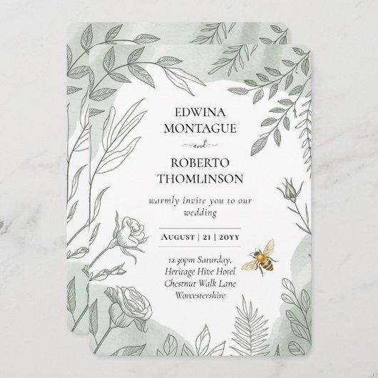 Heritage Sage Botanical Bee Wedding 招待状 (正面/裏面)