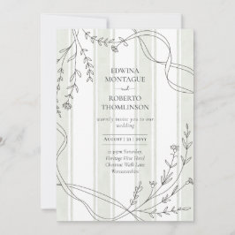 Heritage Stripe & Line Art Botanical Ribbon Weddin 招待状