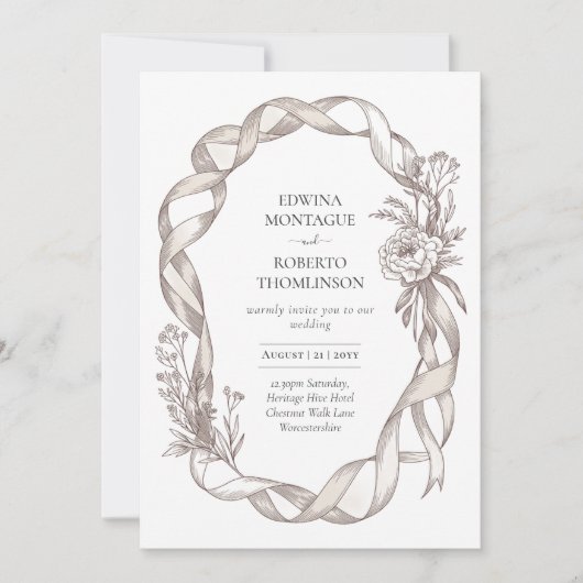Heritage Vintage Ribbon & Peony Botanical Elegant 招待状 (正面)