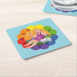 Hermosa chica en columpio con su oso スクエアペーパーコースター