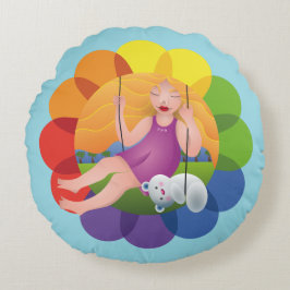 Hermosa chica en columpio con su oso ラウンドクッション