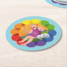 Hermosa chica en columpio con su oso ラウンドペーパーコースター