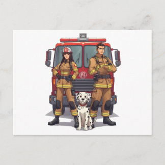 Heroic Firefighter Duo and Dalmatian Postcard ポストカード