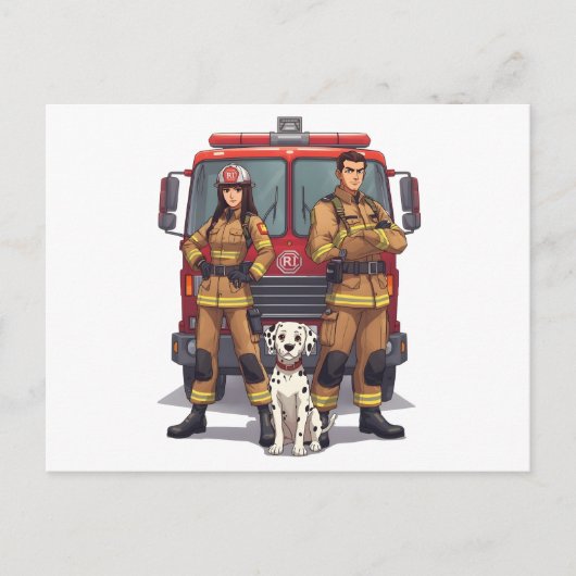 Heroic Firefighter Duo and Dalmatian Postcard ポストカード (正面)