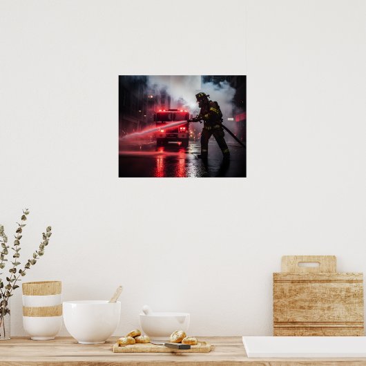 Heroic Firefighter Rescue Scene Poster ポスター (キッチン)