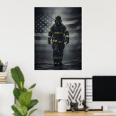Heroic Firefighter Walking Through Smoke poster ポスター (ホームオフィス)