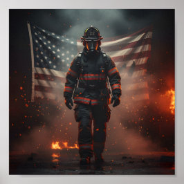 Heroic Firefighter with American Flag Patriotic  ポスター