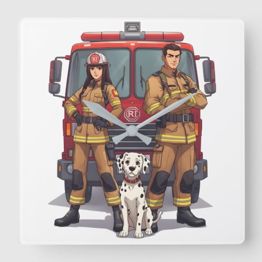 Heroic Firefighters & Dalmatian Wall Clock スクエア壁時計 (正面)