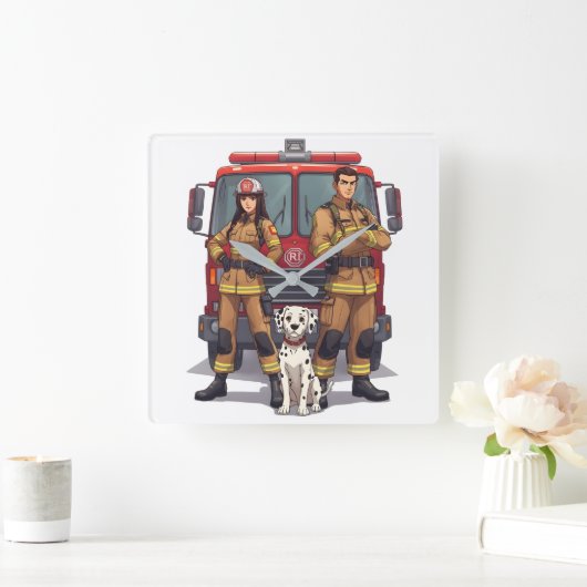 Heroic Firefighters & Dalmatian Wall Clock スクエア壁時計 (ホーム)