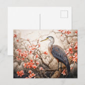 Heron in red foliage pond illustration シーズンポストカード (正面/裏面)