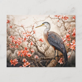 Heron in red foliage pond illustration シーズンポストカード