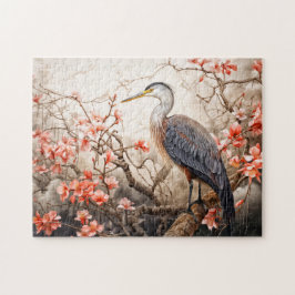 Heron in red foliage pond illustration ジグソーパズル