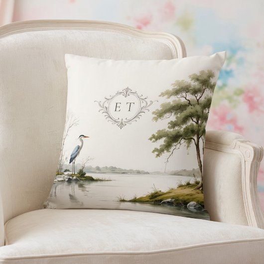 Heron Lake Toile French Country Wedding Monogram クッション