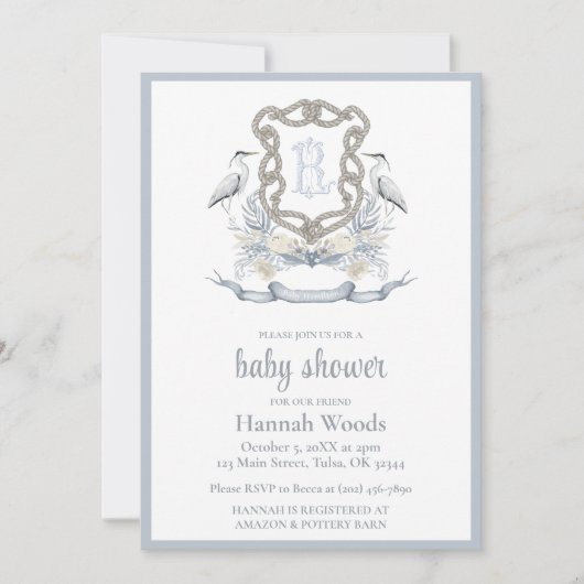 Heron Rope Monogram Baby Shower 招待状 (正面)