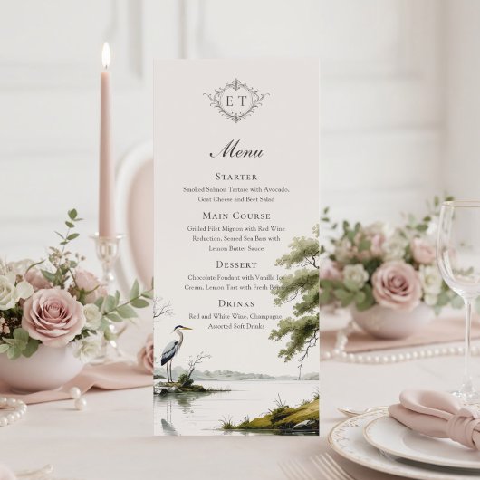 Heron Toile Country Monogram Wedding Flat Menu メニュー